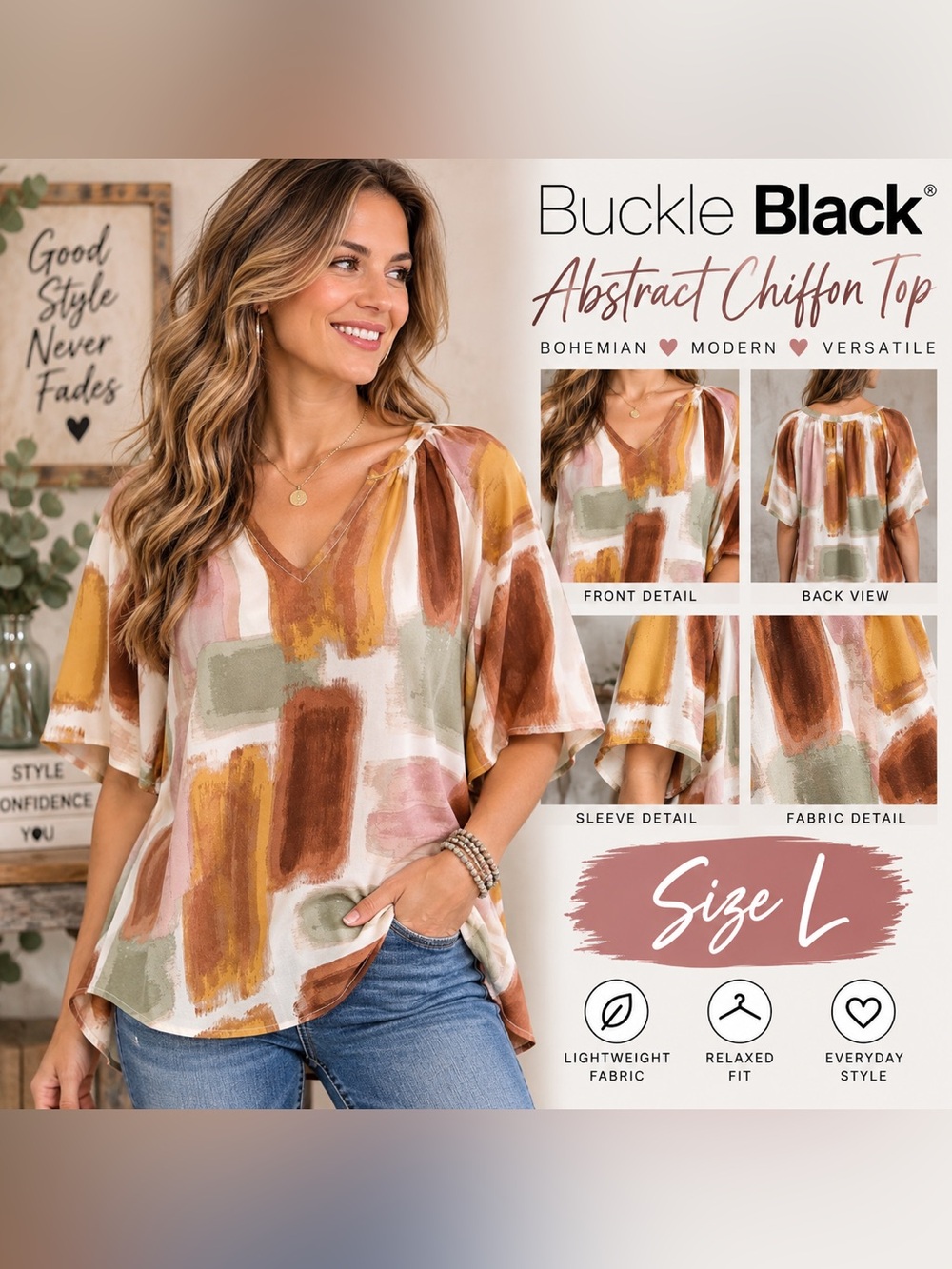 BUCKLE BLACK ABSTRACT CHIFFON HIGH-LOW TOP • SIZE L